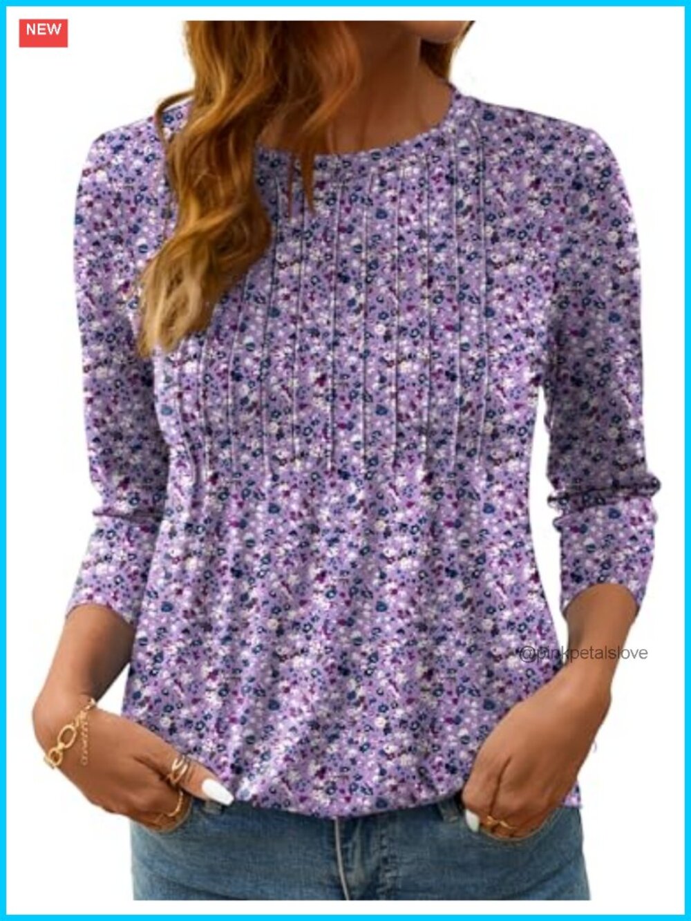 Women's 3/4 Sleeve Pleated Crew Neck Casual Blouse Top